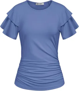 GRACE KARIN Women's Summer Tops Ruffle Sleeve Basic T Shirts Dressy Casual Ruched Work Blouses Trendy Clothes 2025