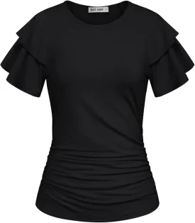 GRACE KARIN Women's Summer Tops Ruffle Sleeve Basic T Shirts Dressy Casual Ruched Work Blouses Trendy Clothes 2025
