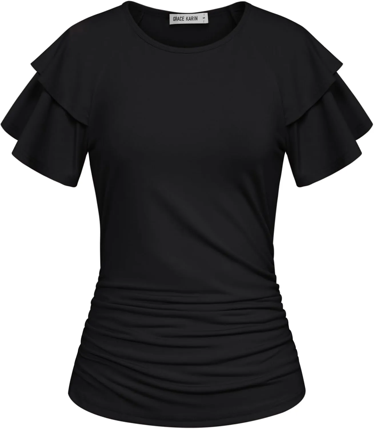 GRACE KARIN Women's Summer Tops Ruffle Sleeve Basic T Shirts Dressy Casual Ruched Work Blouses Trendy Clothes 2025