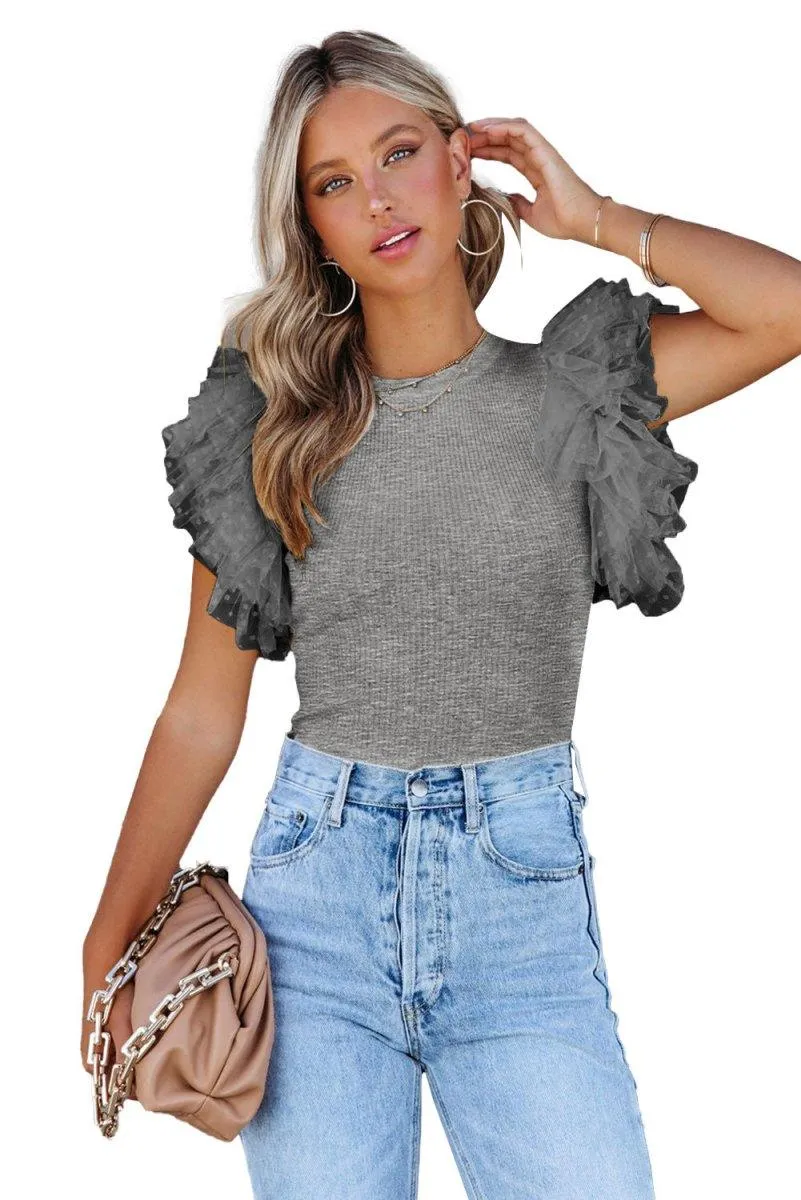 Gray Dotty Ruffle Knit Top