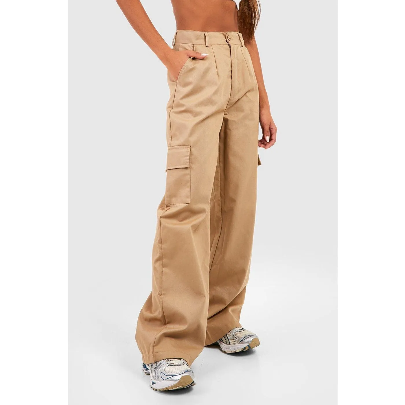 High Waist Beige Cargo Trousers
