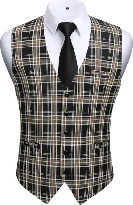 HISDERN Men's Suit Vest Business Plaid Formal Dress Waistcoat Slim Fit Vests for Men with 3 Pocket for Suit or Tuxedo