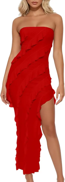 HOCILLE Women's Sexy Strapless Tube Bodycon Ruffle Split Long Cocktail Party Dresses
