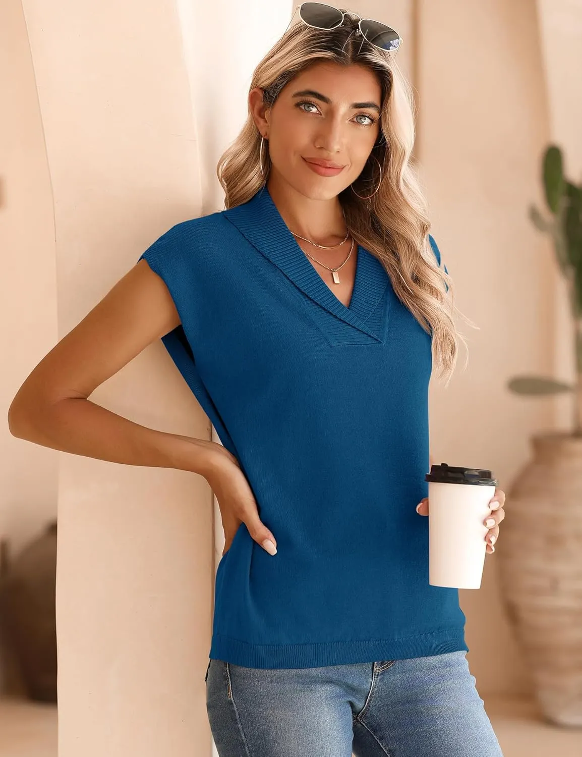 Ivicoer Sweater Vest Women V-Neck Knitted Pullover Short Cap Sleeve Collared Tops Dressy Casual 2025 Summer Fashion Trendy
