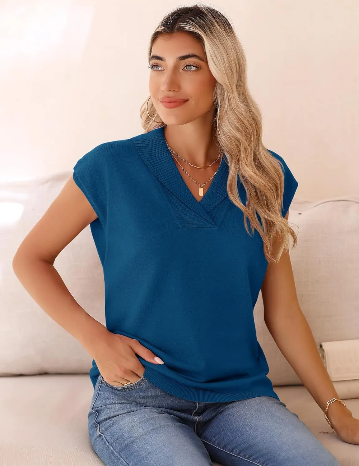 Ivicoer Sweater Vest Women V-Neck Knitted Pullover Short Cap Sleeve Collared Tops Dressy Casual 2025 Summer Fashion Trendy