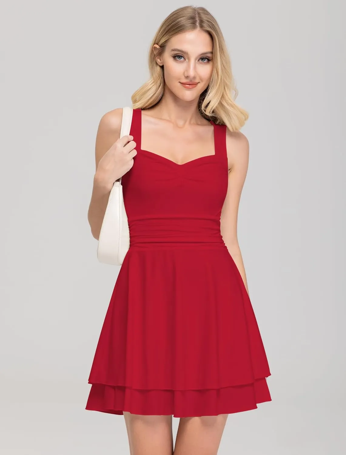 IWD Women's Square Neck Sleeveless Mini Dress Ruched Waist Tiered Ruffle Hem A Line Short Dresses