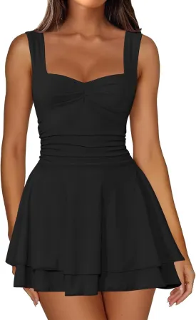 IWD Women's Square Neck Sleeveless Mini Dress Ruched Waist Tiered Ruffle Hem A Line Short Dresses