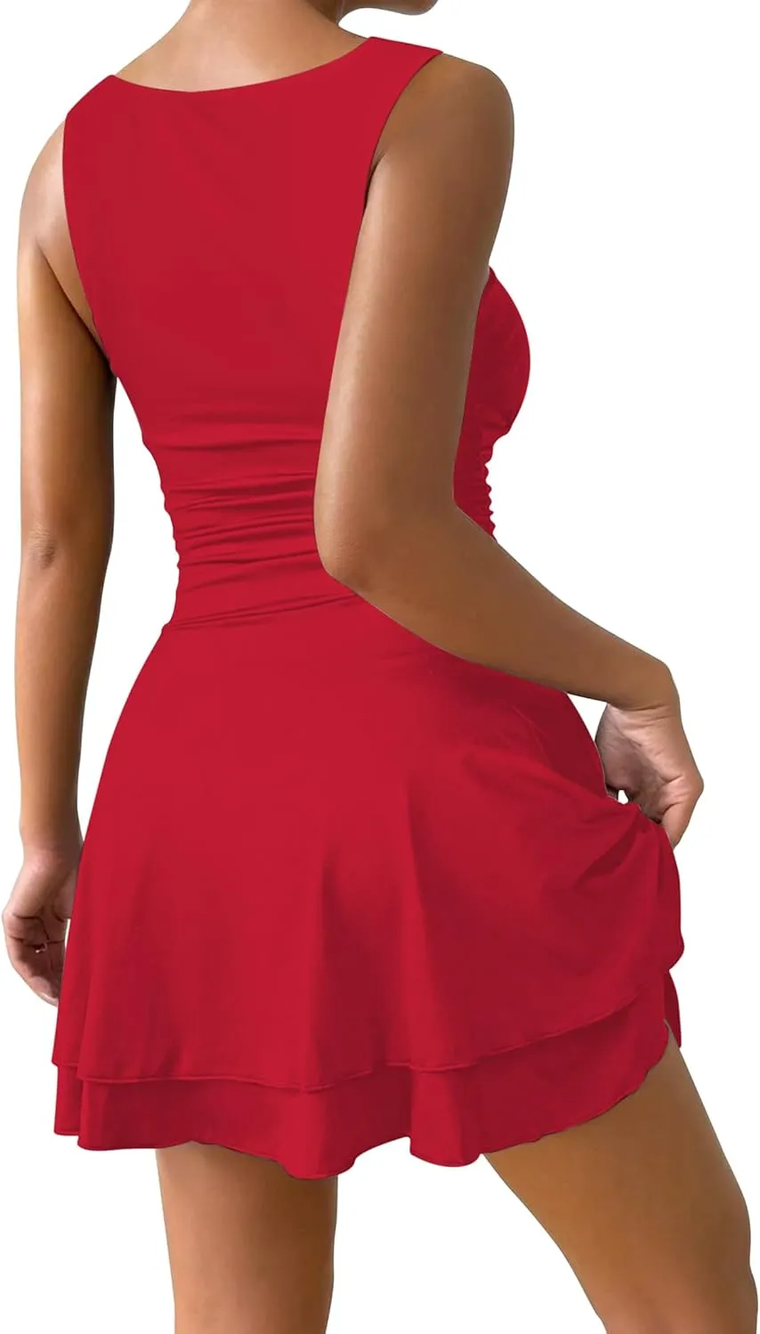 IWD Women's Square Neck Sleeveless Mini Dress Ruched Waist Tiered Ruffle Hem A Line Short Dresses