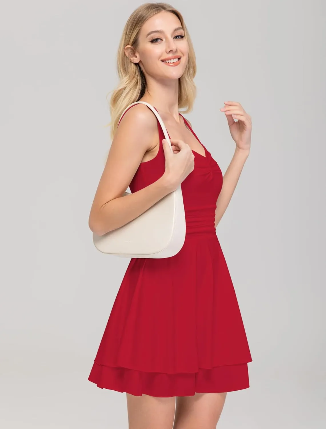 IWD Women's Square Neck Sleeveless Mini Dress Ruched Waist Tiered Ruffle Hem A Line Short Dresses
