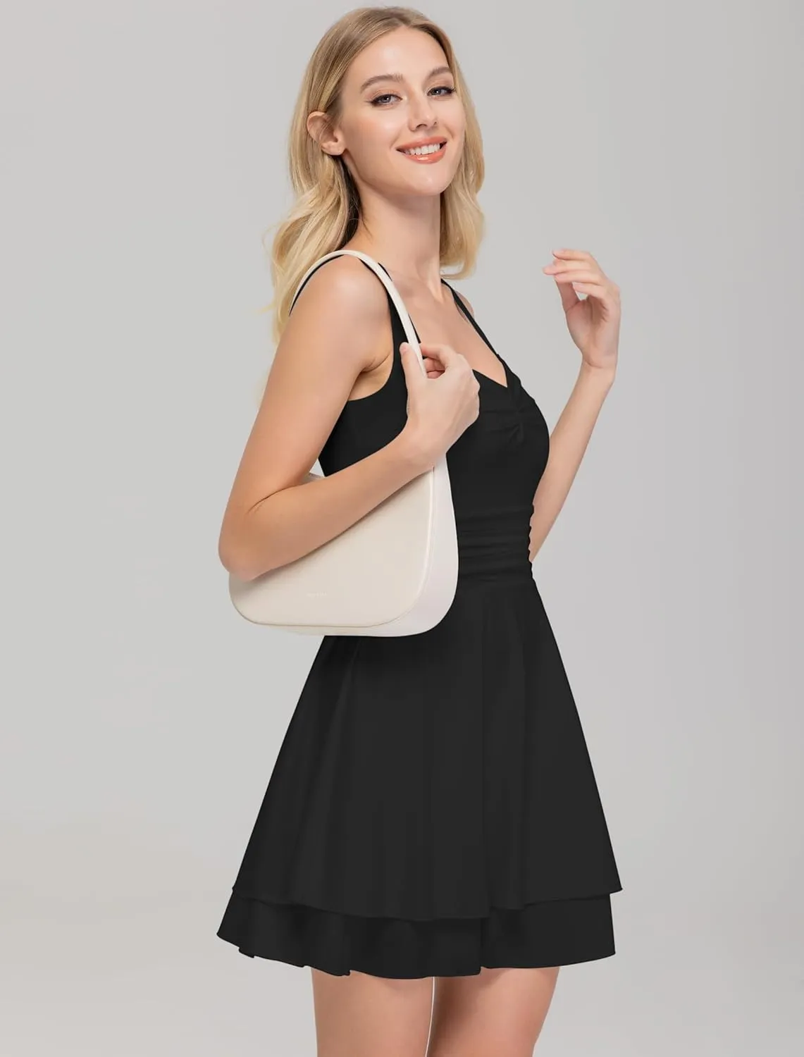 IWD Women's Square Neck Sleeveless Mini Dress Ruched Waist Tiered Ruffle Hem A Line Short Dresses