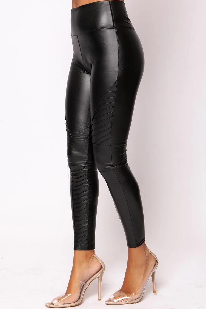 Koni - Black Pu Ribbed Design High Waisted Leggings