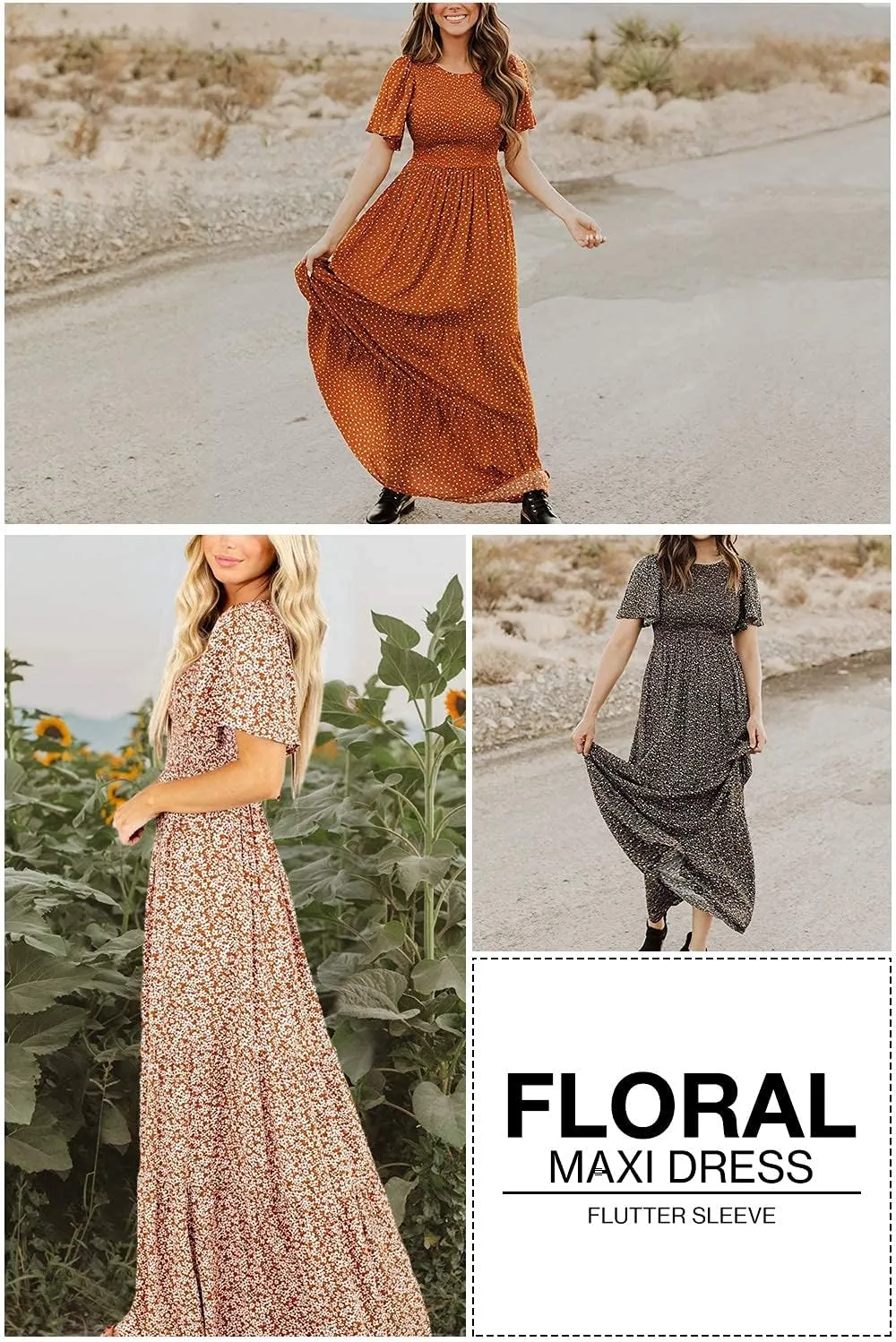 Kranda Women Summer Dress Round Neck Flutter Short Sleeve Smocked Ruffle Tiered Floral Maxi Dress 2024