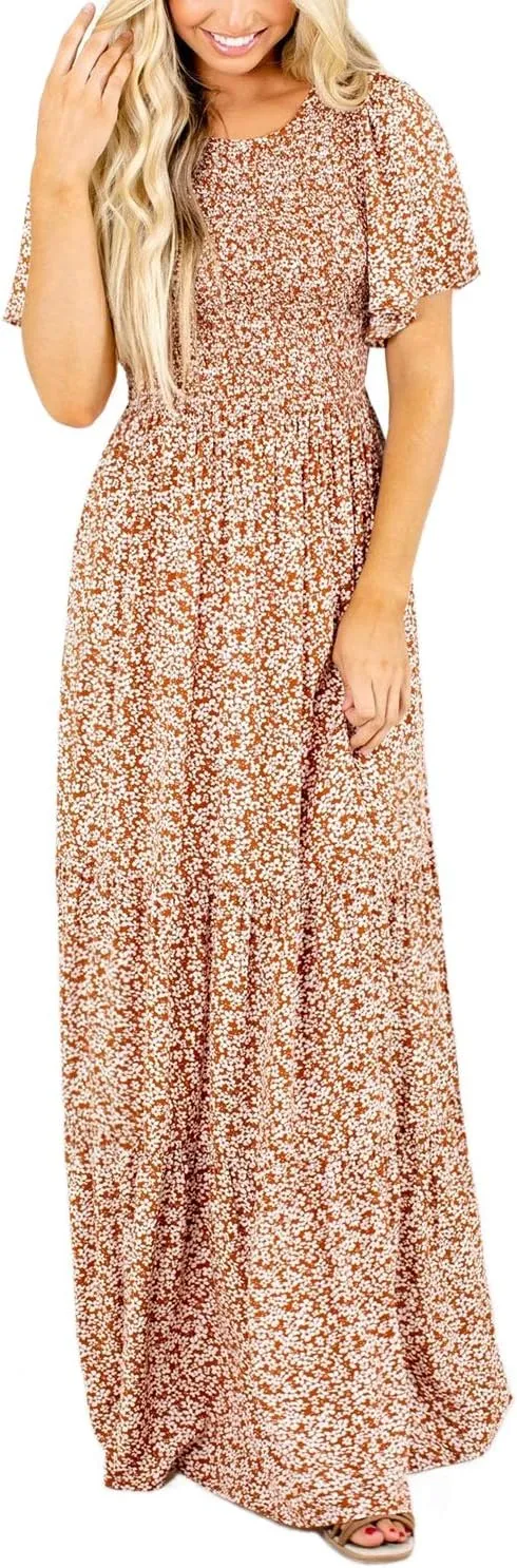 Kranda Women Summer Dress Round Neck Flutter Short Sleeve Smocked Ruffle Tiered Floral Maxi Dress 2024