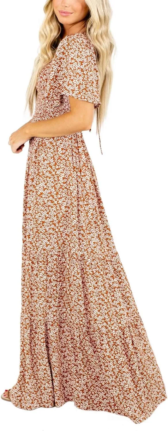 Kranda Women Summer Dress Round Neck Flutter Short Sleeve Smocked Ruffle Tiered Floral Maxi Dress 2024