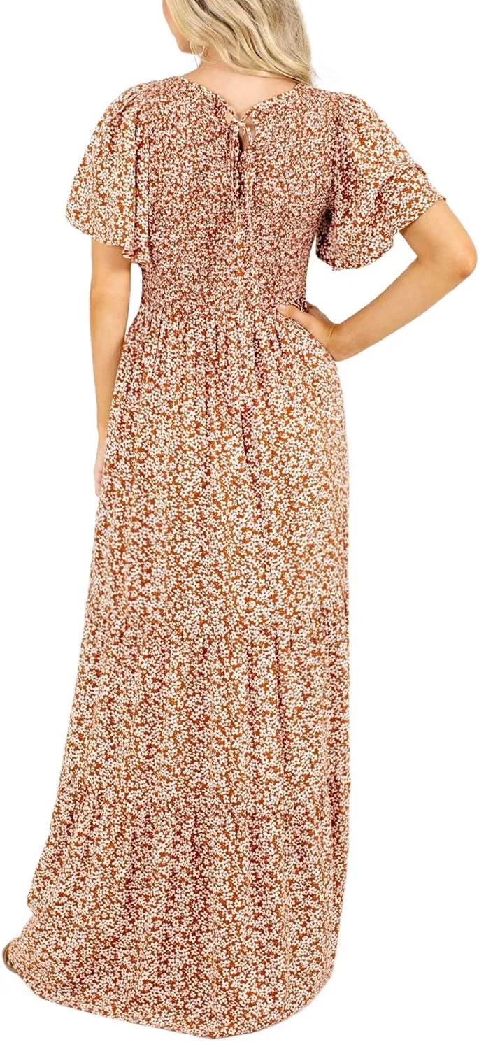 Kranda Women Summer Dress Round Neck Flutter Short Sleeve Smocked Ruffle Tiered Floral Maxi Dress 2024