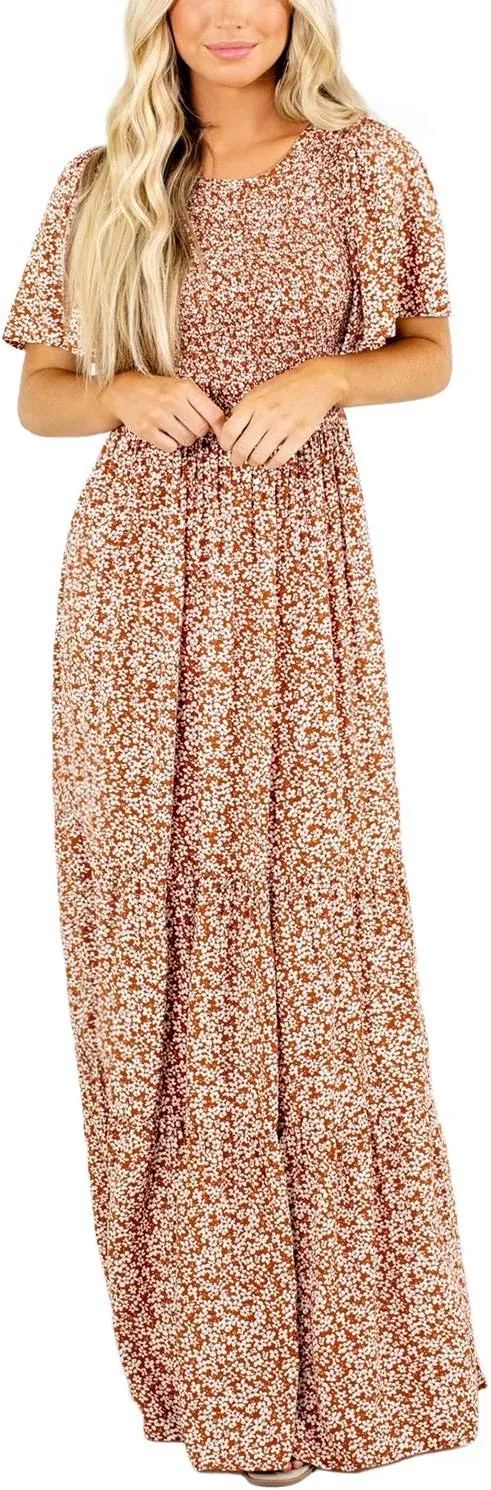 Kranda Women Summer Dress Round Neck Flutter Short Sleeve Smocked Ruffle Tiered Floral Maxi Dress 2024