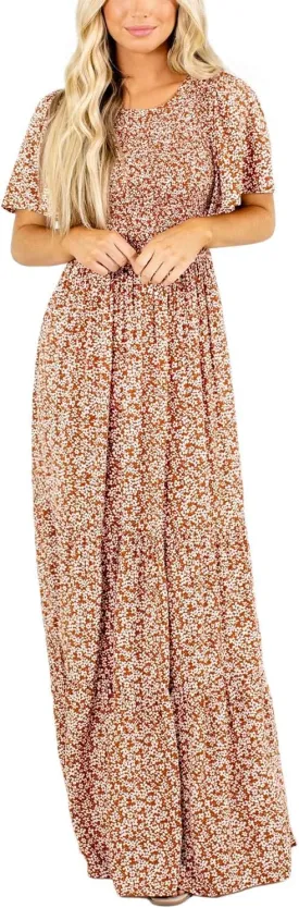 Kranda Women Summer Dress Round Neck Flutter Short Sleeve Smocked Ruffle Tiered Floral Maxi Dress 2024