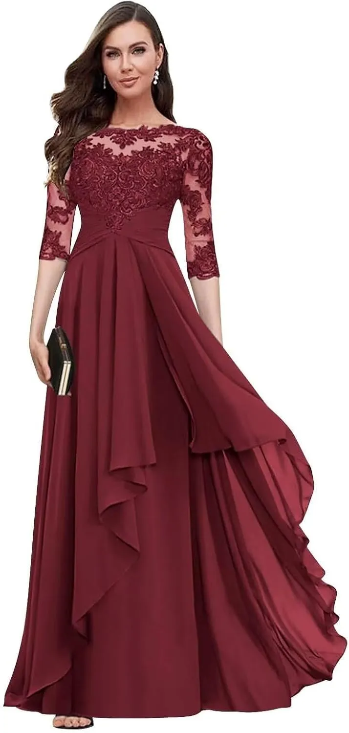 Lace Applique Mother of The Bride Dresses with 3/4 Sleeve Empire Waist Ruched Chiffon Formal Dresses for Wedding Guest