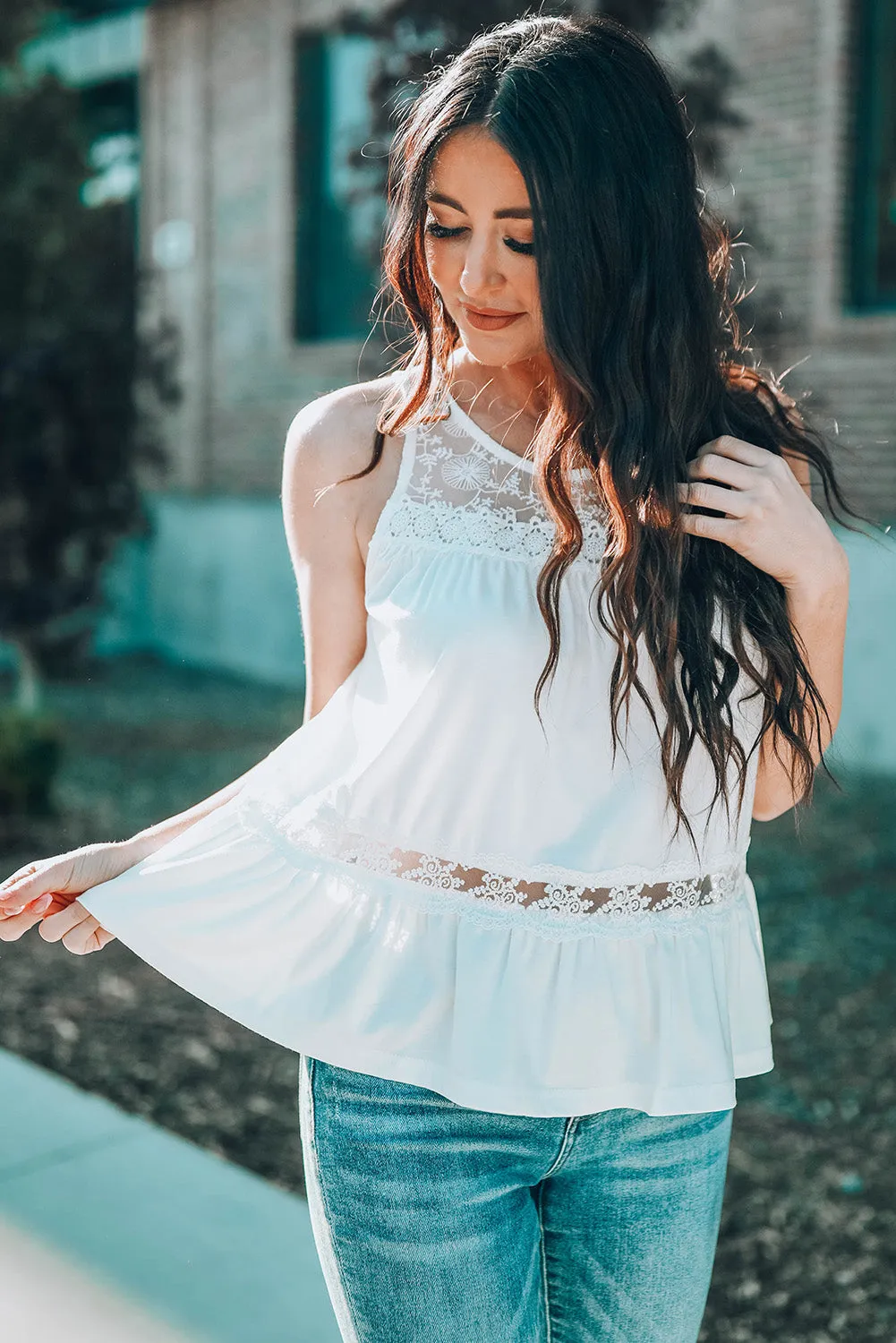 Lace Embroidery Ruffled Sleeveless Top