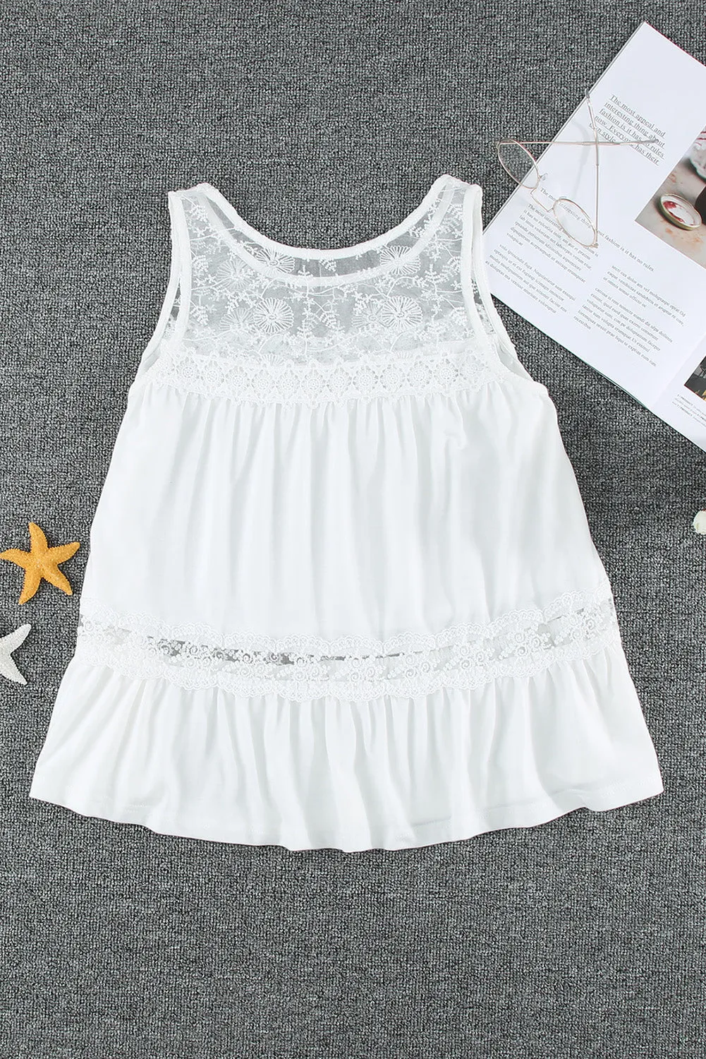 Lace Embroidery Ruffled Sleeveless Top