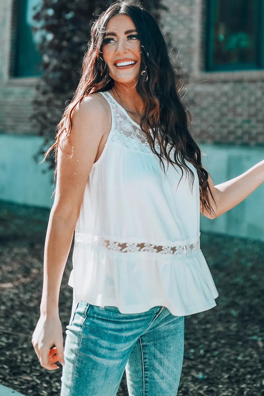 Lace Embroidery Ruffled Sleeveless Top