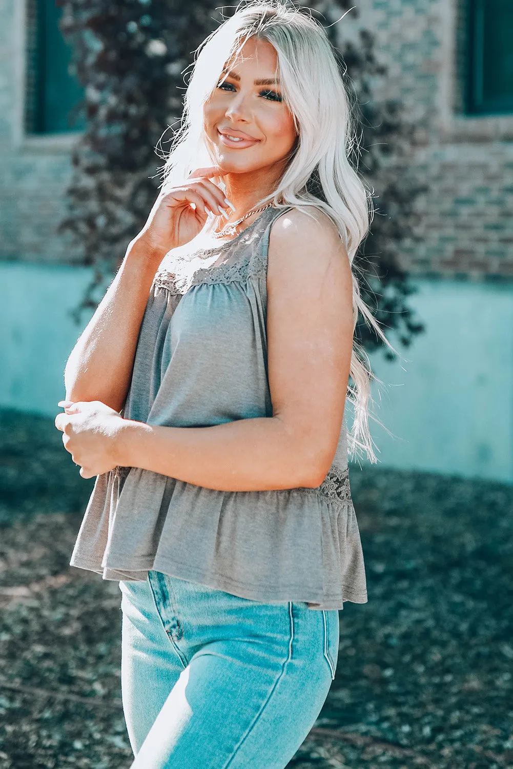 Lace Embroidery Ruffled Sleeveless Top