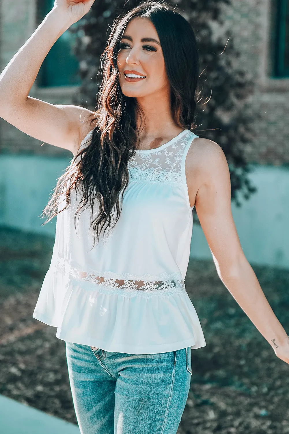 Lace Embroidery Ruffled Sleeveless Top