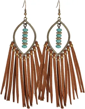Long Bohemian Fringe Leather Earrrings Handmade Tassel Earrings with Turquoise Christmas Long Dangle Earrings for Women rodeo jewelry