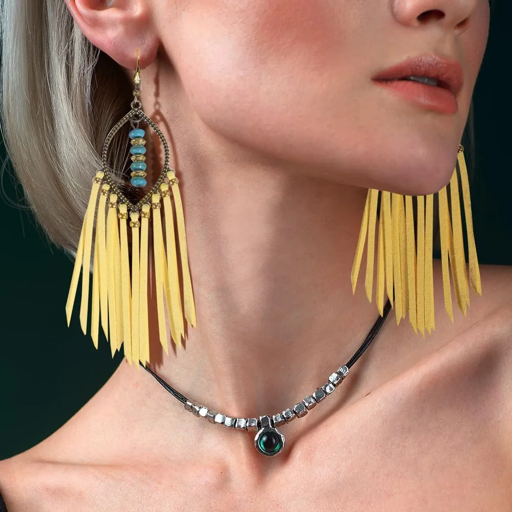 Long Bohemian Fringe Leather Earrrings Handmade Tassel Earrings with Turquoise Christmas Long Dangle Earrings for Women rodeo jewelry