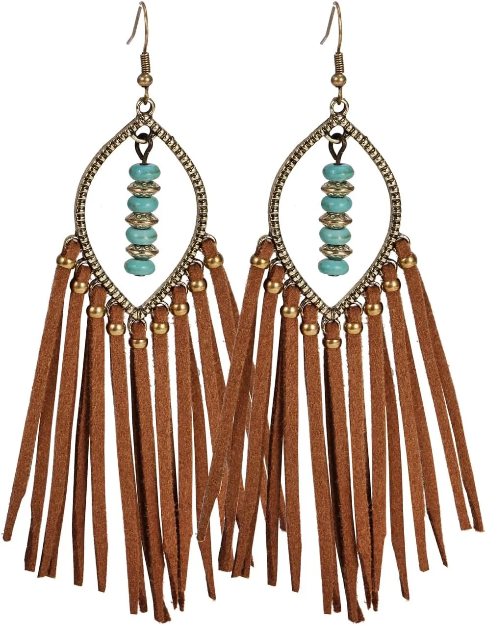 Long Bohemian Fringe Leather Earrrings Handmade Tassel Earrings with Turquoise Christmas Long Dangle Earrings for Women rodeo jewelry