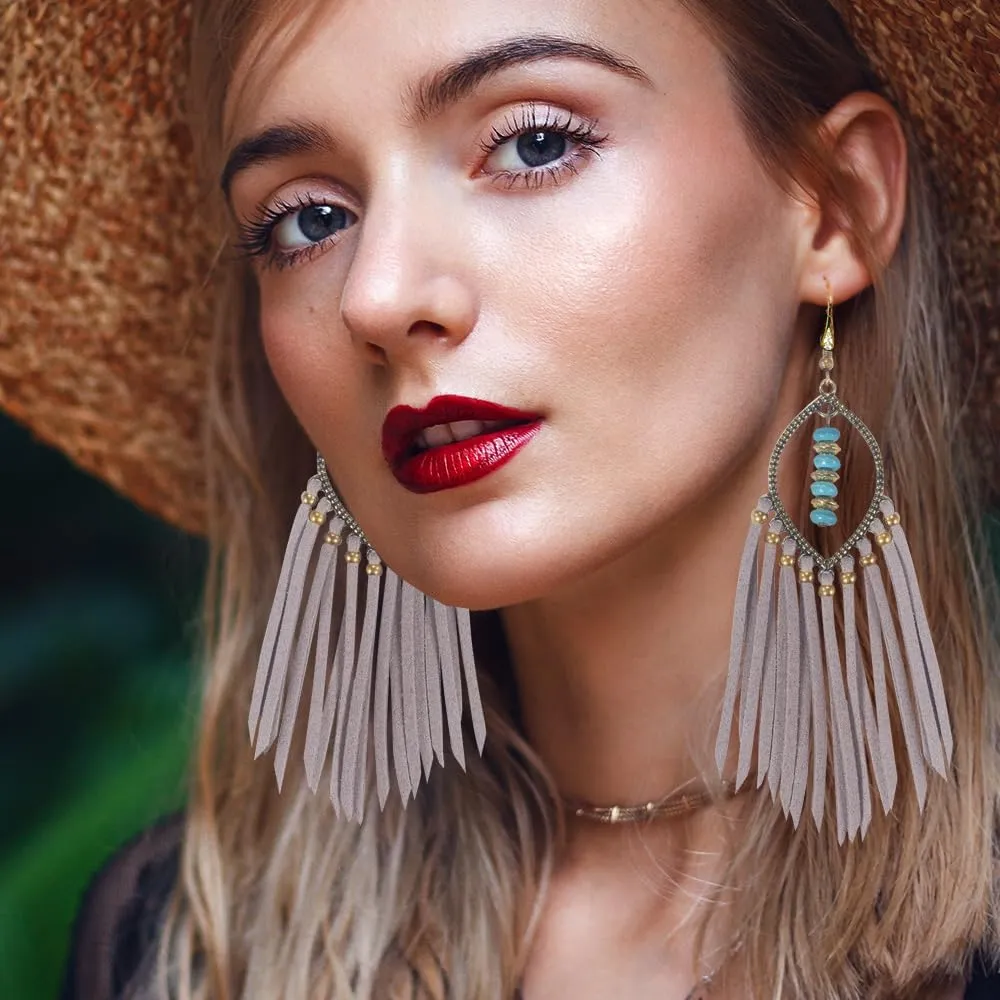 Long Bohemian Fringe Leather Earrrings Handmade Tassel Earrings with Turquoise Christmas Long Dangle Earrings for Women rodeo jewelry