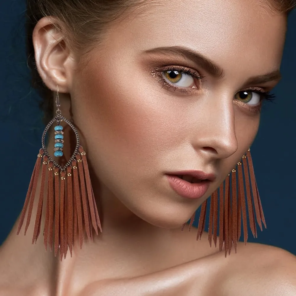 Long Bohemian Fringe Leather Earrrings Handmade Tassel Earrings with Turquoise Christmas Long Dangle Earrings for Women rodeo jewelry