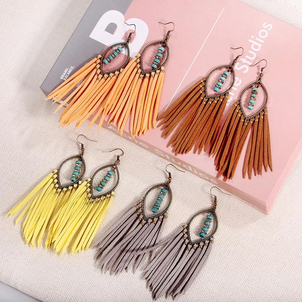 Long Bohemian Fringe Leather Earrrings Handmade Tassel Earrings with Turquoise Christmas Long Dangle Earrings for Women rodeo jewelry