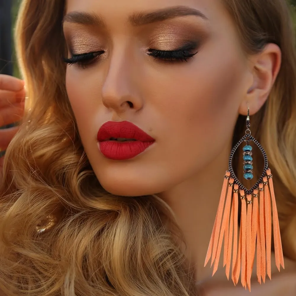 Long Bohemian Fringe Leather Earrrings Handmade Tassel Earrings with Turquoise Christmas Long Dangle Earrings for Women rodeo jewelry