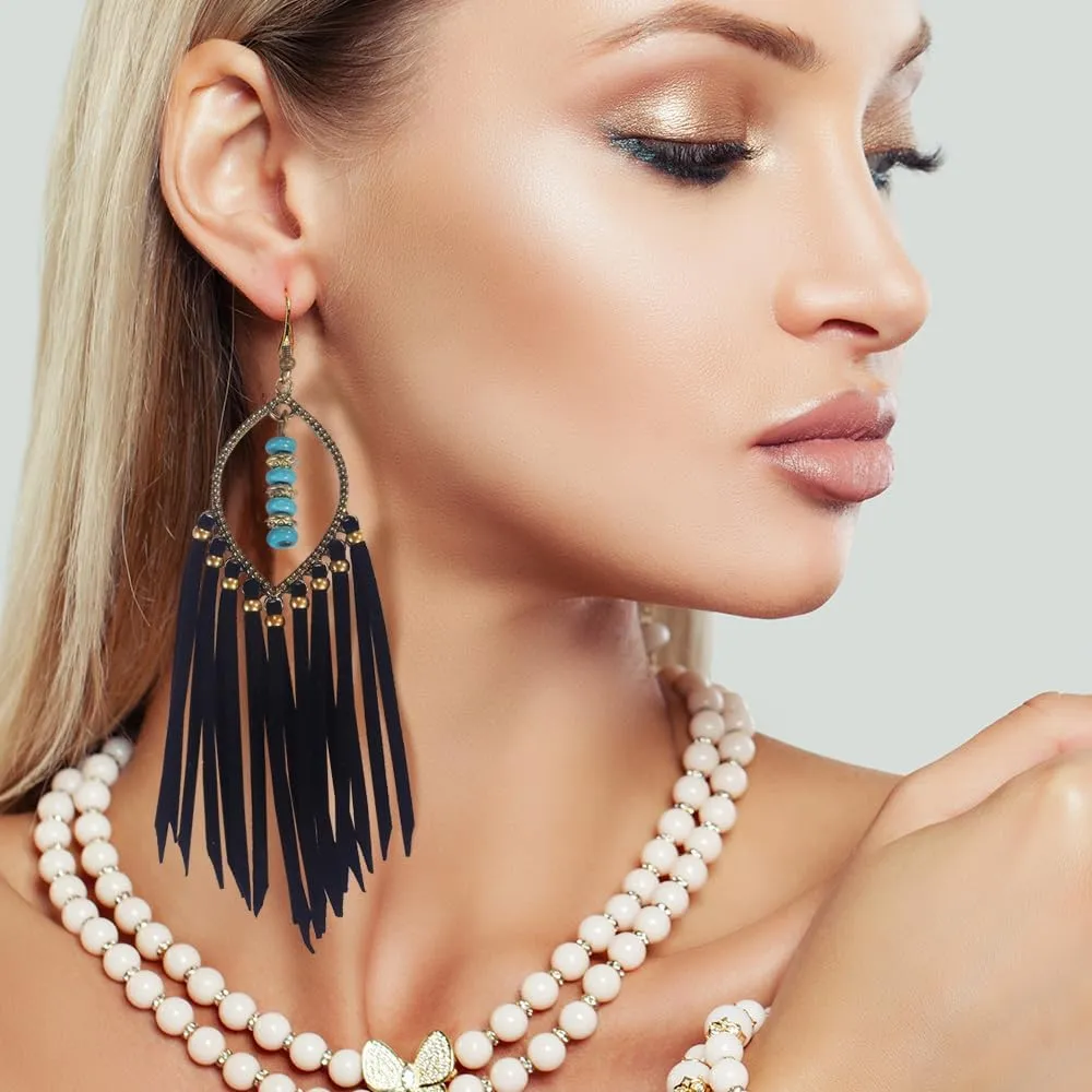 Long Bohemian Fringe Leather Earrrings Handmade Tassel Earrings with Turquoise Christmas Long Dangle Earrings for Women rodeo jewelry