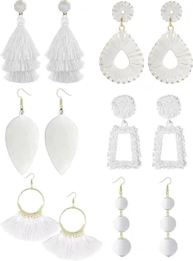 LOYALLOOK 6Pairs Hot Pink Earrings Raffia Drop Statement Earrings for Women Long Tassel Dangle Earrings Rose Petal Floral Tassel Earrings Rhinestone Square Cluster Drop Dangle Earrings