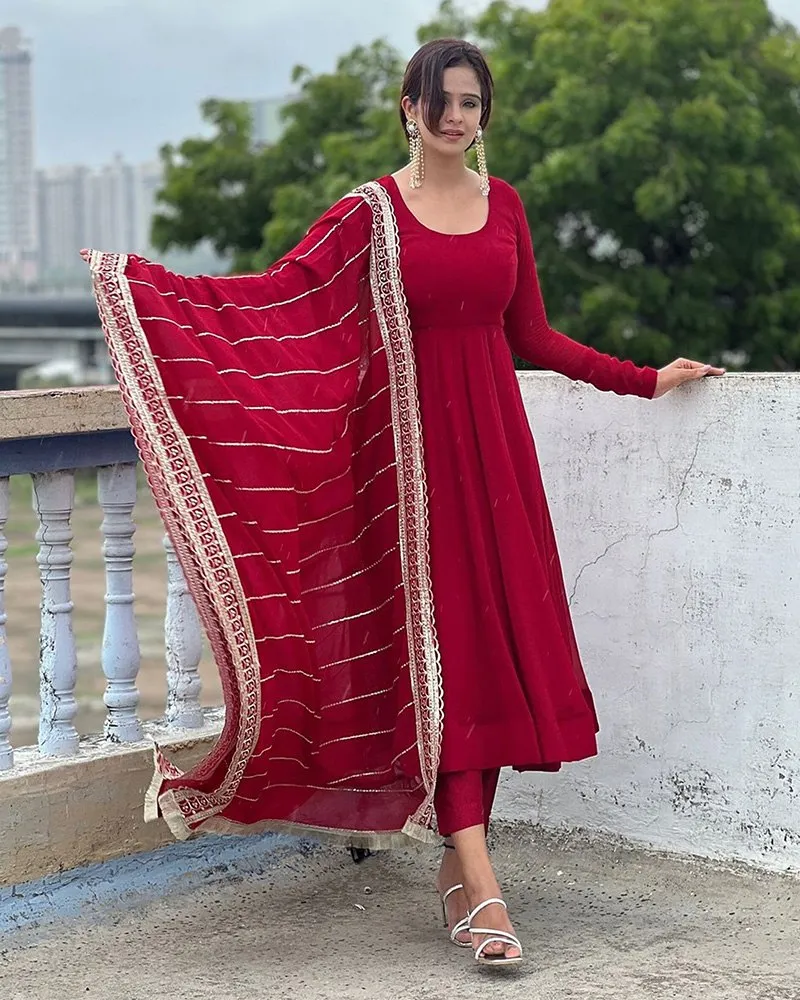 Maroon Sequence Embroidered Georgette Anarkali Suit with Dupatta