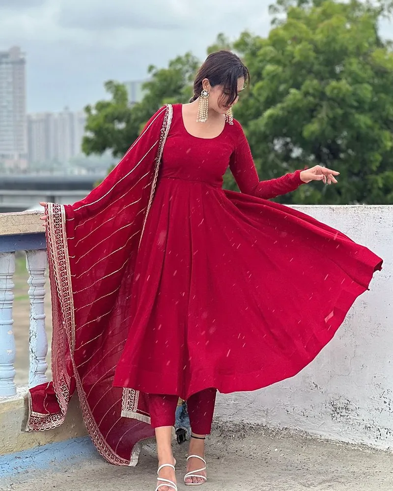 Maroon Sequence Embroidered Georgette Anarkali Suit with Dupatta