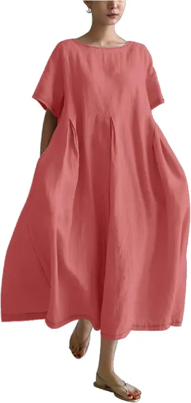 MARSVOVO Boho Dress for Women 2024 Plus Size Linen Casual Fish Wave Pattern Loose Fit Ruffle Hem Flowy Japanese Dress