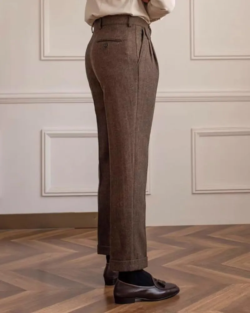 Men's High Waisted Tweed Dress Pants Pleated Front Vintage Wool Trousers