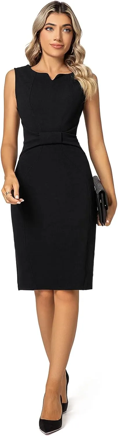 MINTLIMIT Women Sheath Dress Notch V Neck 3/4 Sleeve Bow Waist Wear to Work Pencil Dresses