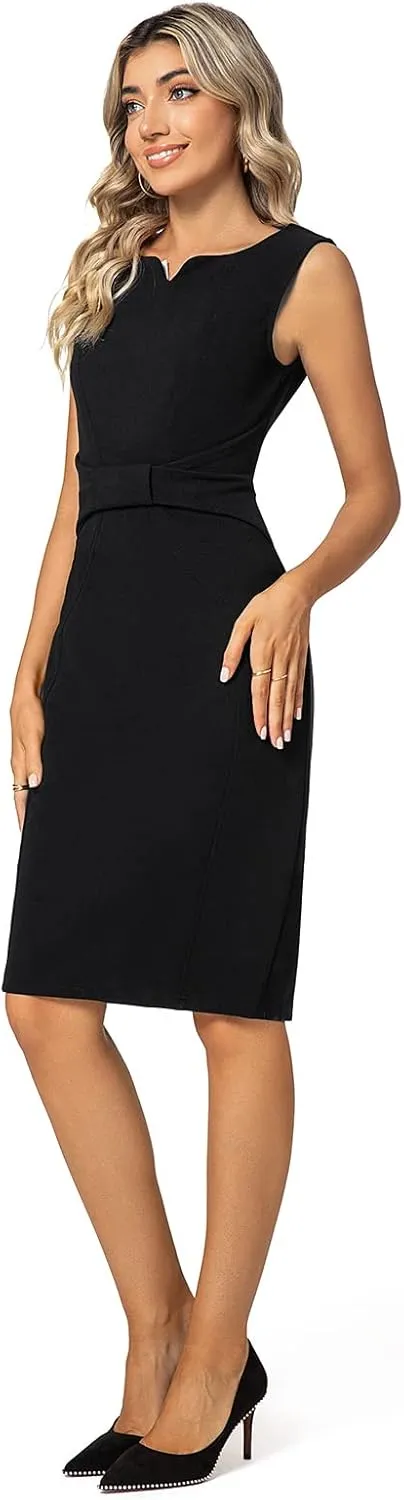 MINTLIMIT Women Sheath Dress Notch V Neck 3/4 Sleeve Bow Waist Wear to Work Pencil Dresses