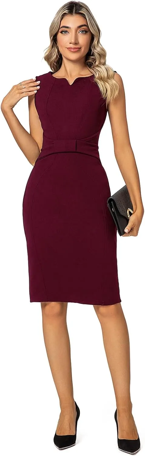 MINTLIMIT Women Sheath Dress Notch V Neck 3/4 Sleeve Bow Waist Wear to Work Pencil Dresses