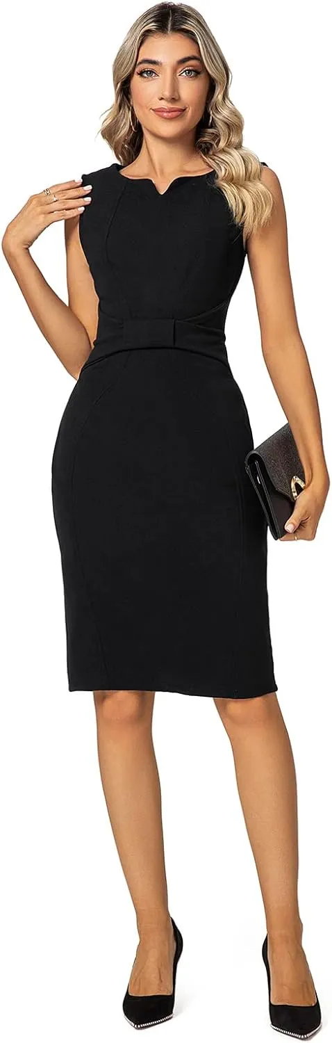 MINTLIMIT Women Sheath Dress Notch V Neck 3/4 Sleeve Bow Waist Wear to Work Pencil Dresses
