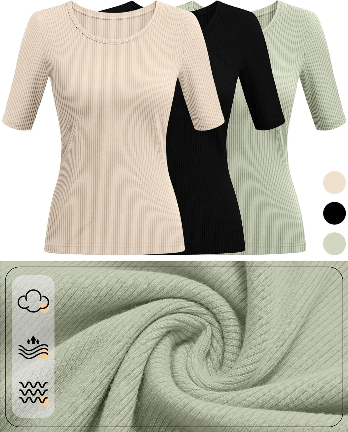 Neer 3 Pack Women's Scoop Neck Ribbed Tops Half Sleeves Shirts Slim Fitted 1/2 Sleeve Causal Basic Knit Tee