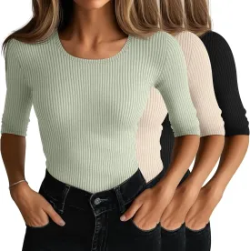 Neer 3 Pack Women's Scoop Neck Ribbed Tops Half Sleeves Shirts Slim Fitted 1/2 Sleeve Causal Basic Knit Tee