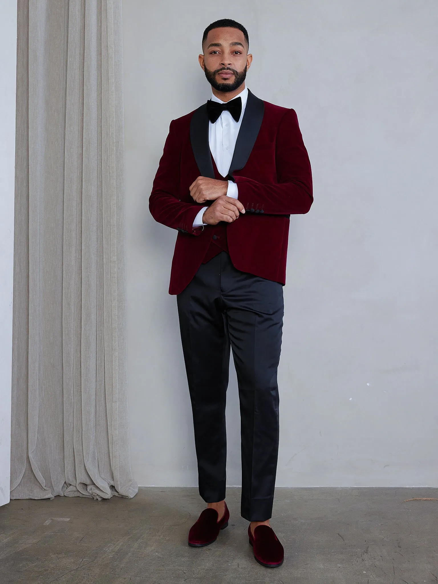 OMC Signature 3-Piece Burgundy Men's Velvet Shawl Lapel Slim Fit Tuxedo Set