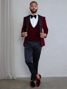 OMC Signature 3-Piece Burgundy Men's Velvet Shawl Lapel Slim Fit Tuxedo Set