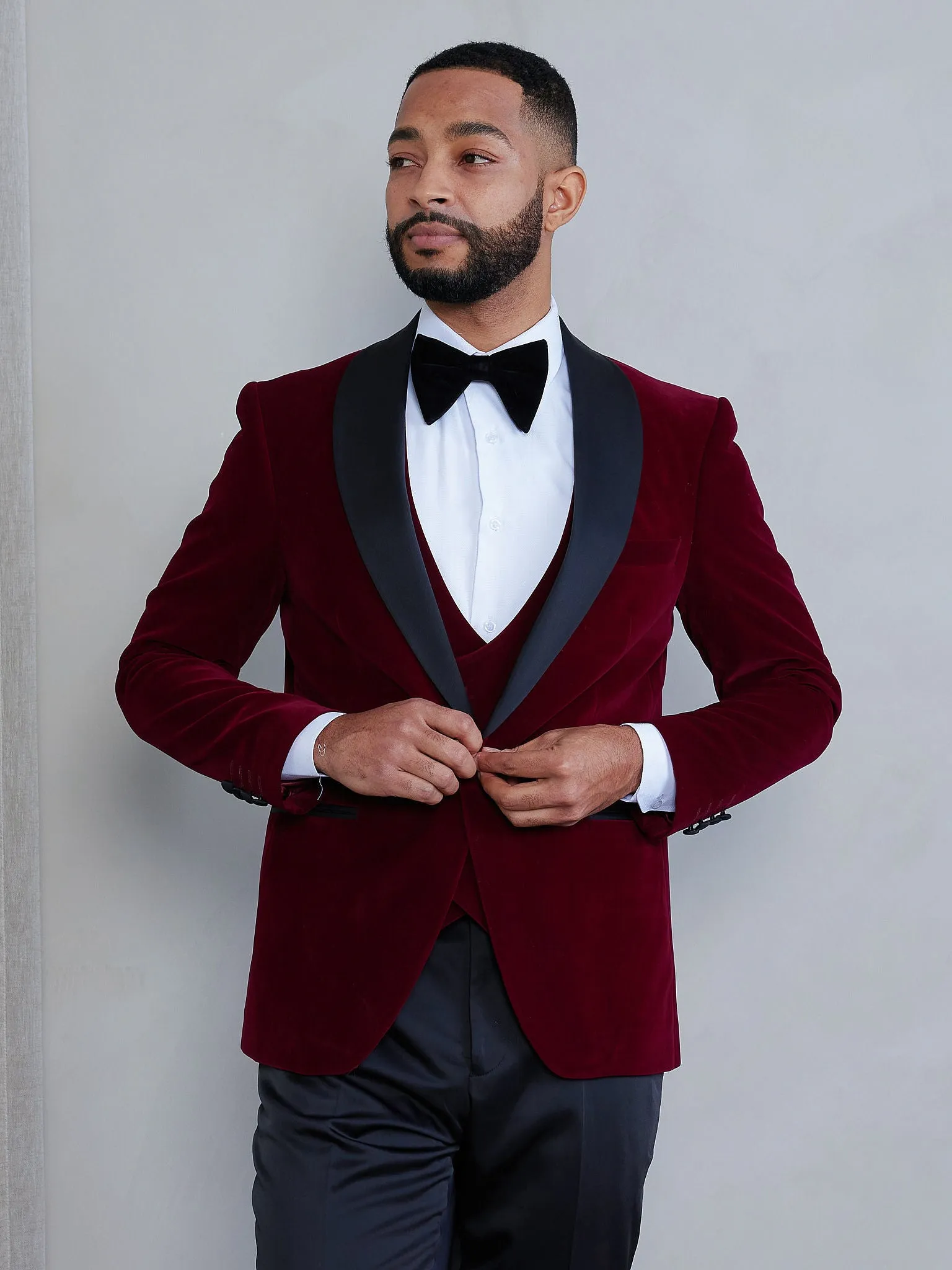OMC Signature 3-Piece Burgundy Men's Velvet Shawl Lapel Slim Fit Tuxedo Set