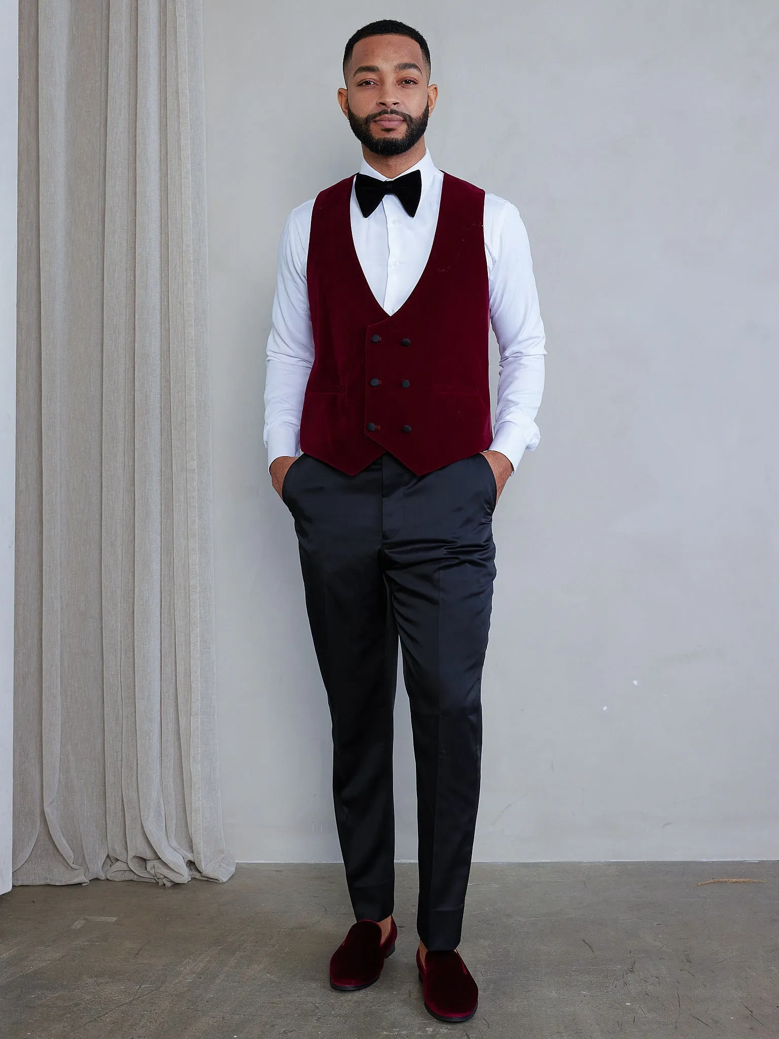OMC Signature 3-Piece Burgundy Men's Velvet Shawl Lapel Slim Fit Tuxedo Set
